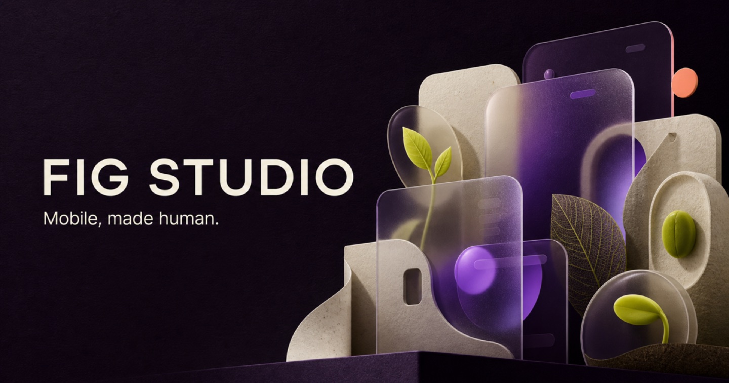 Fig Studio brand artwork with tactile mobile interface forms and growing leaves